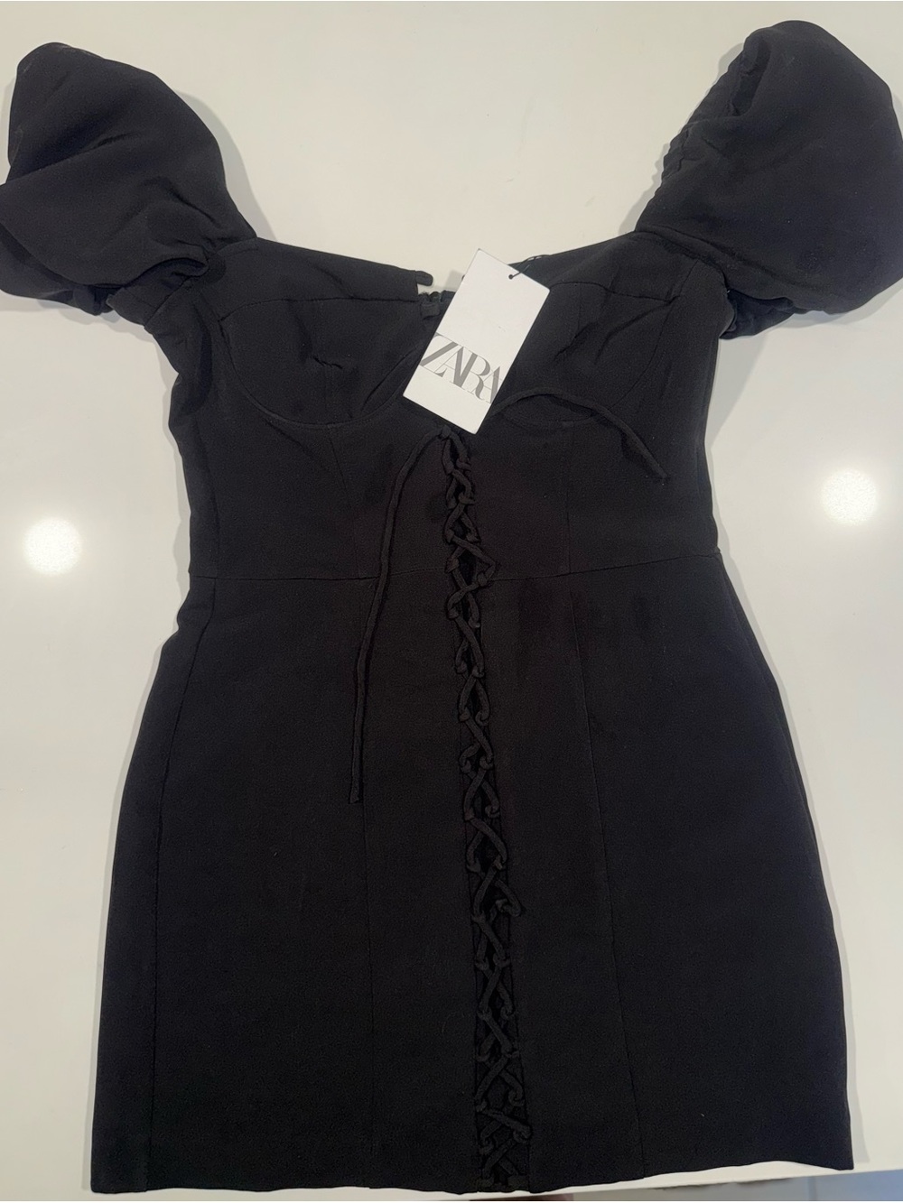 Zara Black Puff-Sleeve Lace-Up Mini Dress